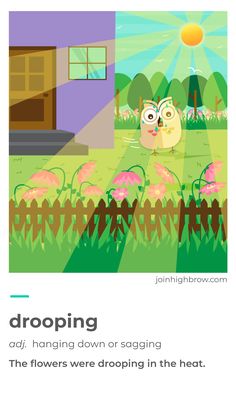 an owl is standing in front of a house with the words droping above it