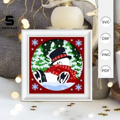 a christmas card with a snowman in the background