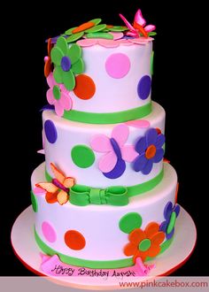 a three tiered cake with polka dots and flowers on the top is decorated with butterflies