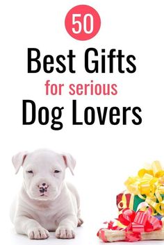 a white dog sitting next to a pile of presents with the title 50 best gifts for serious dog lovers