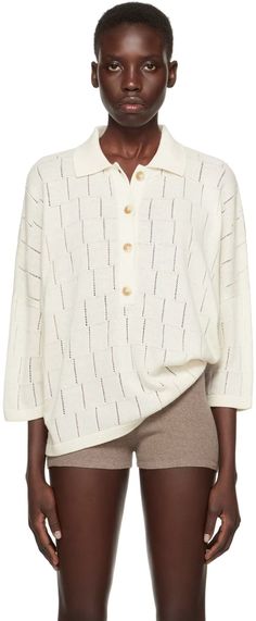 Lauren Manoogian: Off-White Lattice Polo | SSENSE Color Bone, Polo Women, White Collared Shirt, Lauren Manoogian, Off Shoulder Shirt, Stripe Silk, Shoulder Shirts, Lightweight Knit, Blue Blouse