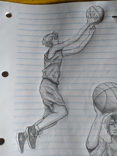 a pencil drawing of a basketball player and a girl playing with a ball on lined paper