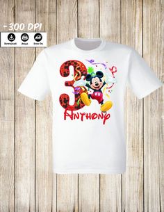 mickey mouse 3rd birthday tshirt with name and age on the front in white