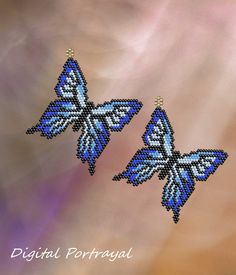 two blue butterfly shaped beaded earrings on a pink and purple background with the words digital portrait written below it