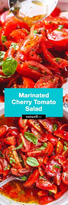 marinated cherry tomato salad with basil in a white bowl