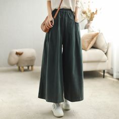 41 Green Full-length Bottoms For Fall, Green Full Length Bottoms For Fall, Loosely Fitted Green Wide Leg Pants For Fall, Green Relaxed Fit Wide-leg Pants, Solid Cotton Wide-leg Pants, Solid Wide-leg Cotton Pants, Cotton Ankle-length Culottes In Solid Color, Green Relaxed Fit Ankle-length Pants, Green Relaxed Fit Ankle-length Bottoms