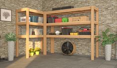 a room with shelves, plants and other items on the floor in front of a brick wall