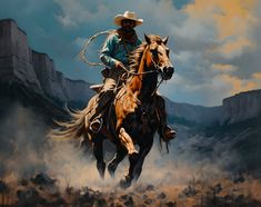 a painting of a cowboy riding a horse in the desert with mountains and clouds behind him