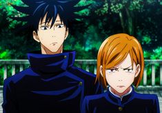 two anime characters standing next to each other in front of some trees and bushes, with one staring at the camera