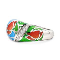 This stunning enamel ring features a delicate flower and leaf design, bringing a touch of whimsy and natural beauty to any outfit. The ring is expertly crafted from high-quality materials for durability, making it the perfect accessory for any occasion. Inspired by the serene beauty of nature, this ring will brighten up even the dullest of days in your life. With a myriad of colors everywhere, why not add some to your jewelry box with beautiful enamel jewelry?Carat Weight: 0.412 ctStone Size: 1.1,1.3,1.5,1.7 mmStone Type: Jeulia® StoneNumber of Stones: 11 Stone Shape: RoundStone Color: Diamond WhiteWeight: 5.6 gWidth: 3.6 mmHeight: 4.5 mmThickness: 1.3 mmMaterial: 925 SilverPlating Color: Silver Elegant Green Enamel Ring, Anniversary Flower Ring In Enamel, Anniversary Enamel Flower Ring, Anniversary Round Flower Enamel Ring, Elegant Hand Painted Enamel Ring, Flower Shaped Enamel Wedding Rings, Green Enamel Ring For Wedding, Elegant Open Enamel Ring, Floral Enamel Ring As Gift