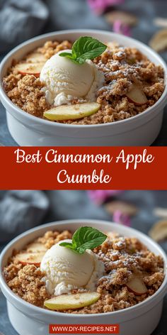 two bowls filled with apple crumble and ice cream