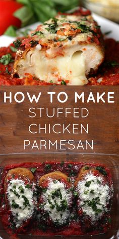 how to make stuffed chicken parmesan in a casserole dish with text overlay