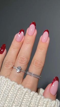 Red Sparkle Tip Nails, Red Sparkle French Tip Nails Almond, Chismas Ideas Nails, Sparkly Red French Tip Nails Almond, Sparkly Red Tip Nails, Red French Glitter Nails, Red Sparkly French Tip Nails, Sparkly Red French Tip Nails, Red Glitter Tips