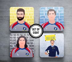 three coasters with the likeness of two men, one holding a sign that says set of eight