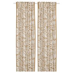 two white and beige curtains with an intricate design on one side, the other side is open