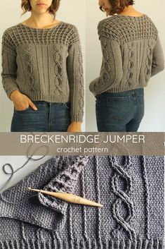 a woman wearing a gray sweater and blue jeans, with the words breckenridge jumper