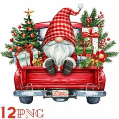 a santa clause sitting in the back of a red truck with christmas presents on it