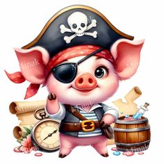 Pirate Costume Kids, Pig Png, Pig Dress, Pirate Art, Skull Hat, Pig Cartoon, Adorable Cartoon, Eye Patch, Pirate Costume