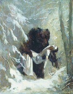 a painting of a bear carrying a woman in the snow with trees and mountains behind it