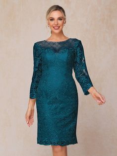 2 Pieces 3/4 Sleeves Knee Length Chiffon Lace Mother Of The Bride Dres Elegant Lace Dress With 3/4 Sleeves For Formal Occasions, Mother Of The Groom Dress, Long Sleeves Dress, Lace Chiffon, Lace Neckline, Sleeves Dress, Mother Of The Bride Dress, Dress Purchase, Groom Dress