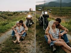 a man and woman sitting on the ground next to a motorcycle in an open field