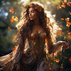 a woman with long hair wearing a dress and flowers in her hair is surrounded by butterflies