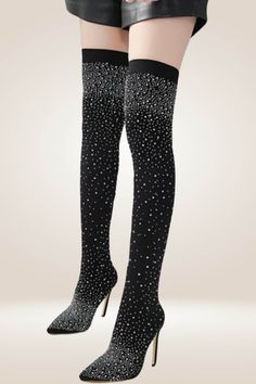 Glamorous High Heel Boots With Glitter Accents, Sparkling High Heel Evening Boots, Embellished Evening Boots For Party Season, High Heel Party Boots With Glitter Accents, Chic Rhinestone Boots For Party Season, Elegant Knee-high Boots With Rhinestones, Glamorous Thigh-high Party Boots, Glamorous Thigh High Heeled Boots For Party, Elegant Sparkling Boots For Fall