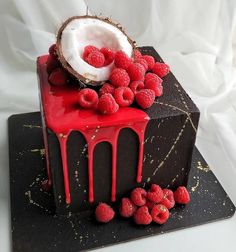 a chocolate cake with raspberries on top and coconut in the middle is decorated with red icing