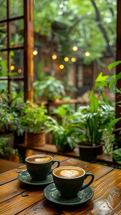 two cups of coffee sitting on top of a wooden table in front of potted plants