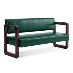 a green leather bench sitting on top of a wooden frame