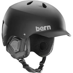 a helmet with the word bern written on it's front and side panels, attached to