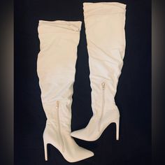 Never Worn! Competitive, Negotiable Price Fitted Cream Knee-high Heeled Boots, Chic Cream Fitted Knee-high Boots, Chic Fitted Cream Knee-high Boots, Fitted Cream Knee-high Boots For Fall, White Fitted Over-the-knee Boots, Chic Beige Fitted Knee-high Boots, Chic Fitted Beige Knee-high Boots, Fitted Synthetic Thigh High Boots, Fitted Thigh-high Synthetic Boots