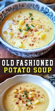 old fashioned potato soup in a white bowl on a wooden table with text overlay