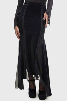 MOROSE.- Soft, stretch velvet.- Maxi length.- Side dip hem.- Mesh inserts.- Lace details.- Elasticated waistband.- Fitted.With KILLSTAR branding, 91% Polyester 9% Elastane.Machine wash cold (30°c) / Do not bleach / Do not tumble dry / Iron at low temperature / Do not dry clean. Imported. Stretch Velvet, Lace Detail, Dip, Bleach, Velvet, Mesh, Skirt, Lace, Black