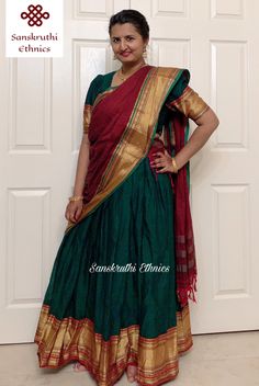 "SOUTH INDIAN NARAYANPET COTTON ZARI BORDER LANGA VONI / HALF SAREE Fabric: Narayanpet cotton with zari border Set type: Skirt, Blouse And Dupatta Dupatta width: 2.25 meter Skirt flare: 3 meter Bottom Print or Pattern Type: Solid The name \"Narayanpet\" is because these sarees are weaved in the town names as Narayanpet which is location in the Indian state of Telangana. So the name of the dress also goes by the town name too. The speciality of this fabric is it is a pure cotton naturally dyed ha Traditional Drape Gown With Dori Work For Ceremonies, Saree Gown For Diwali And Traditional Ceremonies, Traditional Gown With Dori Work For Festive Occasions, Traditional Festive Gown With Dori Work, Traditional Festive Gown With Self Design, Traditional Drape Dress For Ceremonies, Traditional Gown For Eid Celebration, Navratri Anarkali Dress With Zari Weaving, Anarkali Dress With Zari Weaving For Festivals