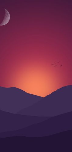 an orange and purple sunset with birds flying in the sky over mountains, under a full moon