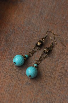 Unique Brass Turquoise Earrings Blue Turquoise Stone Earrings - Etsy Turquoise Teardrop Earrings With Faceted Beads, Vintage Turquoise Beaded Drop Earrings, Vintage Turquoise Earrings With Round Beads, Adjustable Turquoise Earrings With Faceted Beads, Turquoise Round Beaded Earrings With Ear Wire, Turquoise Faceted Bead Earrings, Turquoise Earrings With Faceted Beads, Turquoise Stone Earrings, Vintage Style Earrings