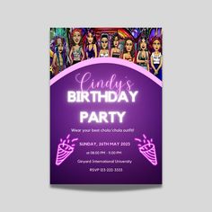 a birthday party flyer with barbie dolls on the front and purple lettering that says,