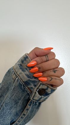 color: orange sherbery with pearl chrome   nail inspiration, spring nail colors, almond nails, neon nail colors, orange nails Pearl Orange Nails, Neon Orange Nail Designs Summer, Bright Orange Chrome Nails, Red Orange Chrome Nails, Neon Orange Chrome Nails, Orange Pearl Nails, Orange Chrome Acrylic Nails, One Color Almond Nails, Neon Design Nails