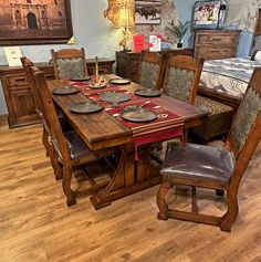 Santa Fe Table Set Mexican Style Furniture, Western Dining Room, Suburban Farmhouse, Crate Tv Stand, Dog Crate Furniture, Restaurant Ideas, Leather Sofa Set