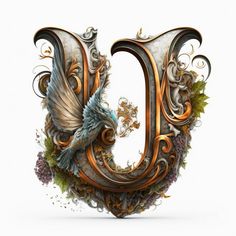 the letter u is made up of flowers and vines with a bird on it's tail