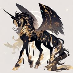 a black and gold horse with wings on it's back