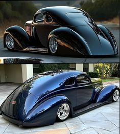 two pictures of an old model car in different stages of being painted blue and black