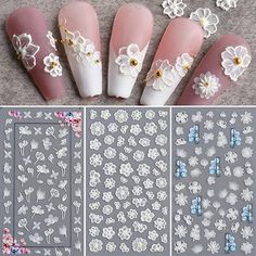 Flower Nail Art Sticker Decals 5D Hollow Exquisite Pattern Nail Art Supplies Self-Adhesive Luxurious Nail Art Decoration White Feather Lace Flower Leaf Carving Design DIY Acrylic Nail Art, 3 Sheet Fall naila Nails Boho, Unghie Nail Art, Flower Nail Designs, Sticker Decals, Nail Patterns