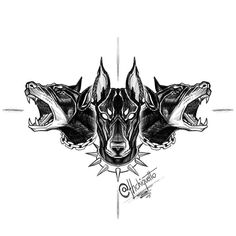 a black and white drawing of two wolf heads