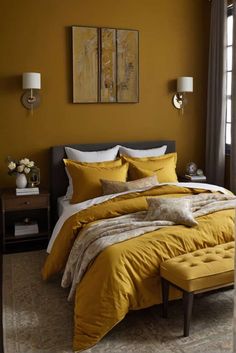 a bed with yellow comforter and pillows in a room that is painted mustard colored