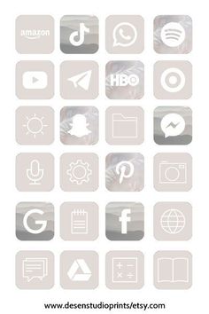 the icons are all white and have different designs on them, including an apple logo