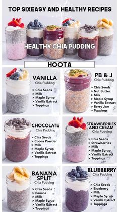 chia pudding in jars with different toppings and ingredients to make it look like they are