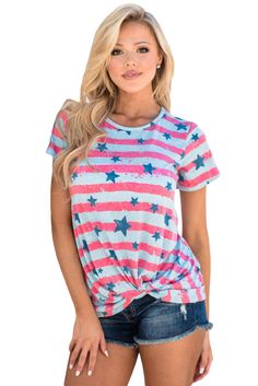 This is your "throw on and go" tee with its versatility! Beautiful American flag style print pattern with pink stripes- we just know that you are going to need it! A comfy top with extra adornment! Lightweight, short sleeve top with round neckline, makes a chic statement with the knot on the bottom hem! Cotton/polyester/spandex blend Lightweight and breathable, super soft fabric Simple and sweet top for summer Short sleeves, round neckline, knot on the front bottom hem Pair this top with distres American Flag Fashion, Knot Top, Casual Summer Shorts, Twist Knot, Comfy Tops, Casual Stripes, Casual Tee, Cotton Blouses, Top Knot