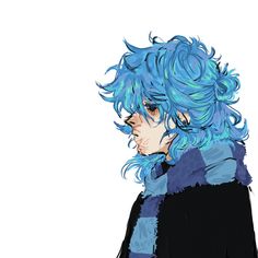 an anime character with blue hair wearing a black coat and scarf, looking to the side